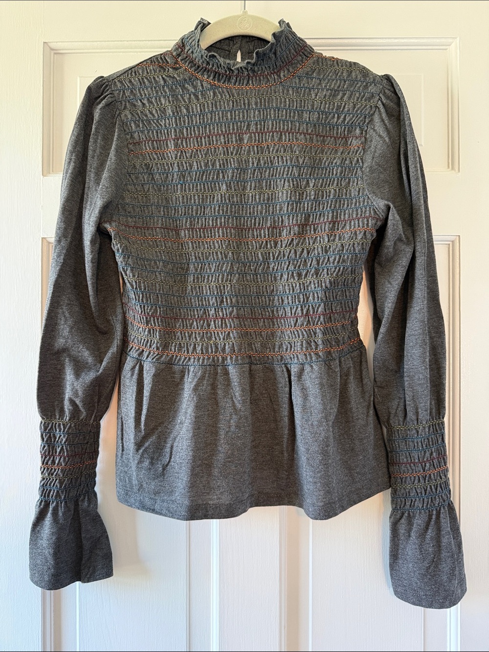 Smocked High-Neck Long Puff Sleeve Top Gray Rocks & Indigo Small Fall Knit